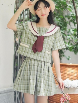 พรีออเดอร์ : ชุดเซ็ทแฟชั่นสไตล์นักเรียนญี่ปุ่น เสื้อแขนสั้นปกกะลาสี + กระโปรงเข้าชุด มีให้เลือก 2 สีค่ะ
