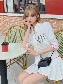 Girly Fancy Club : พรีออเดอร์ เดรสสีขาวแขนสั้นสไตล์เกาหลีญี่ปุ่น รุ่นแขนสามส่วน งานแบรนด์