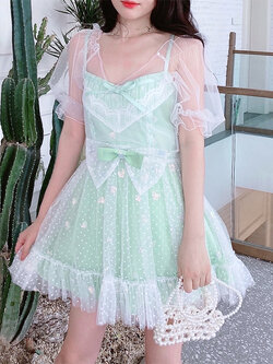 Summer Joy : พรีออเดอร์ เดรสตุ๊กตาแฟชั่นน่ารักๆ สีเขียว แขนกุด และ เสื้อคลุมแบบบางใสครอปสั้น (ราคาแยกชิ้น)