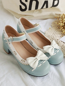 พรีออเดอร์ : รองเท้าแฟชั่นสไตล์ญี่ปุ่น แบบหวานน่ารัก ประดับโบว์ด้านหน้า แต่งแถบเส้น สูง 5 CM