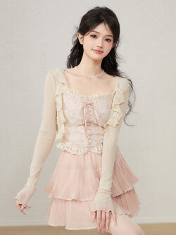 Acaine : พรีออเดอร์ เสื้อสายเดี่ยวลูกไม้สีชมพู และ กระโปรงพลีทระบายสองชั้นขอบเอวยืด (ราคาแยกชิ้น) แบรนด์แท้