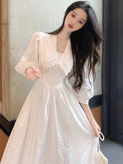 พรีออเดอร์ : เดรสยาวฤดูร้อนแฟชั่นสไตล์หวานน่ารักๆ สีขาว แต่งทรงปกยาวตามแบบ