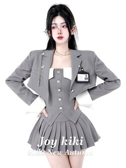 JOYKIKI : พรีออเดอร์ ชุดสูท (ราคาแยกชิ้น) เสื้อเกาะอกแฟชั่น และ เสื้อคลุมครอปสั้น และ กระโปรงจีบรอบ งานป้ายแบรนด์