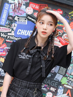 SNBL Girl : เสื้อเชิ้ตแฟชั่นสีดำแขนสั้น + โบว์ลายสก็อตตามแบบ แบรนด์แท้