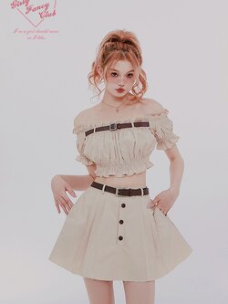 Girly Fancy Club : พรีออเดอร์ ชุดเซตแฟชั่น (ราคาแยกชิ้น) เสื้อเปิดไหล่แขนสั้นแต่งสายรัดสม็อคเข้ารูป / กระโปรงชายรุ่ย แบรนด์แท้