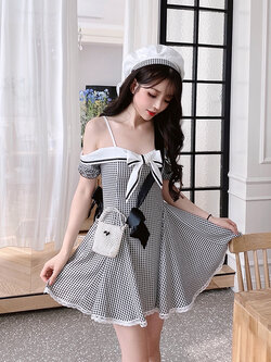 Summer Joy : พรีออเดอร์ เดรสแฟชั่นสไตล์ญี่ปุ่นน่ารักๆ เปิดไหล่ สีดำลายสก็อต งานแบรนด์