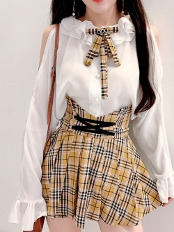 Summer Joy : เสื้อเชิ๊ตชีฟองเปิดไหล่แขนยาวสีขาวแบบสวยเซ็กซี่ ติดกระดุมด้านหน้า (ตัวเสื้อไม่รวมเน็คไทและโบว์ สามารถสั่งซื้อแยกได้ค่ะ) แบรนด์แท้