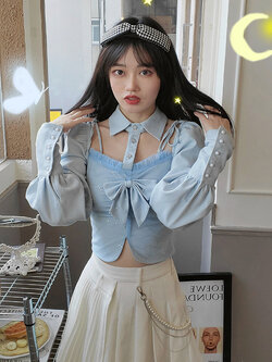 พรีออเดอร์ : เสื้อเชิ้ตแฟชั่นสีฟ้าลายตารางแขนยาว แต่งปกตามแบบ