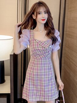 พรีออเดอร์ : เดรสแฟชั่นสไตล์เกาหลีแบบสวยเซ็กซี่ แต่งแขนผ้าแก้ว