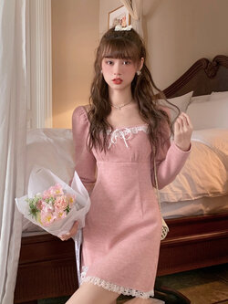 Acaine : พรีออเดอร์ เดรสแฟชั่นสไตล์เกาหลีแขนยาวแต่งลูกไม้น่ารักๆ มีให้เลือก 4 สี แบรนด์แท้