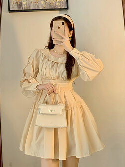 พรีออเดอร์ : เดรสผ้าฝ้ายแฟชั่นน่ารักๆ แขนยาว ประดับโบว์ช่วงแขน