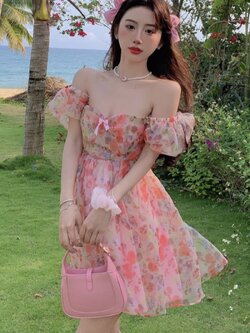 พรีออเดอร์ : เดรสสั้นชีฟองแฟชั่นลายดอกไม้ ทรงแขนพองน่ารักๆ