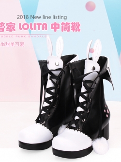 Angelic imprint : พรีออเดอร์ รองเท้าบูทแฟชั่นสไตล์น่ารักๆ มีหูกระต่ายแต่งสายปอมๆ น่ารัก หนัง PU ส้นสูง 6 ซม. แต่งปกกะกาสี แบรนด์แท้