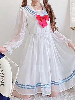 พรีออเดอร์ : เดรสแฟชั่นสไตล์ญี่ปุ่นแขนยาวสีขาวแต่งแถบน้ำเงิน + โบว์สีแดงตามแบบ ด้านหลังปกกะลาสี