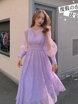 Palglg : พรีออเดอร์ เดรสยาวแฟชั่นสไตล์เกาหลีสีม่วงประดับเลื่อมผ้าลูกไม้ แขนยาว คอวี แบรนด์แท้