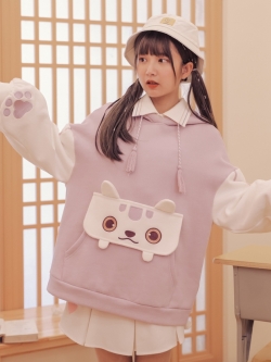 SNBL Girl : เสื้อยืดกันหนาวน่ารักๆ มีฮูท ช่วงแขนแต่งลายมือแมว (ปกคอเสื้อมาจากเสื้อด้านในค่ะ) แบรนด์แท้