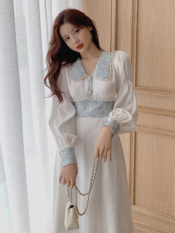 Palglg : พรีออเดอร์ เดรสยาวแฟชั่นแขนยาวสไตล์เกาหลีแบบสวยหวานแต่งมุกช่วงปกและเอว แบรนด์แท้