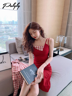 Palglg : พรีออเดอร์ เดรสยาวสายเดี่ยวแฟชั่นสีแดงเซ็กซี่ๆ ตัดปกลายสก็อตสีแดง งานแบรนด์แท้