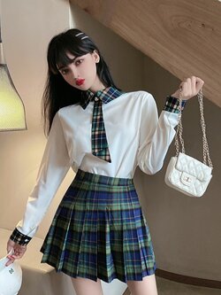 พรีออเดอร์ : ชุดเซ็ทแฟชั่นสไตล์เกาหลีญี่ปุ่น เสื้อเชิ๊ตแขนยาวสีขาวแต่งลายสก็อต + กระโปรงลายสก็อตเข้าชุด