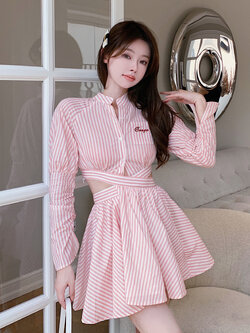 พรีออเดอร์ : เดรสเชิ้ตลายเส้นสีชมพูหวาน แขนยาว เว้าช่วงเอวแต่งสายผูกโบว์