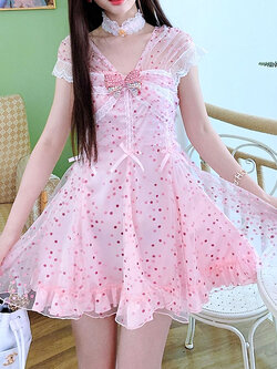 Summer Joy : พรีออเดอร์ เดรสแฟชั่นสไตล์โลลิต้าสีชมพูลายจุด ด้านหลังประดับโบว์ใหญ่ แบรนด์แท้