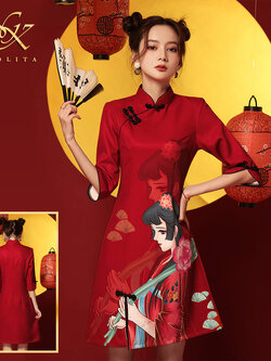 พรีออเดอร์ : ชุดกี่เพ้า ชุดตรุษจีน ชุดจีน เดรสสั้นรุ่นพิมพ์ลาย สีแดง