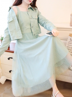 พรีออเดอร์ : ชุดเซ็ทแฟชั่น เดรสยาวแขนกุด ช่วงบนผ้ายีนส์ตัดต่อผ้ามุ้งตาข่ายช่วงล่าง + เสื้อแจ็คเก็ตยีนส์เข้าชุด ตามแบบ