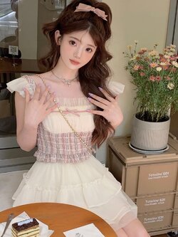 Acaine : พรีออเดอร์ เสื้อแฟชั่นทรงตุ๊กตาผ้าทวีตสไตล์หวานน่ารัก แขนกุดแต่งระบาย แบรนด์แท้