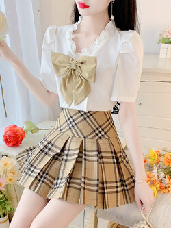 พรีออเดอร์ : ชุดเซ็ทแฟชั่นนำเข้า 2ชิ้น เสื้อเชิ้ตแขนสั้น + กระโปรงลายสก็อต มีให้เลือก 2สี