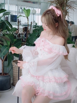 Summer Joy : พรีออเดอร์เดรสเกาะอกแฟชั่นสไตล์หวานแขนยาวน่ารักๆ ด้านหน้าแต่งแบบคอร์เซ็ทตามแบบ