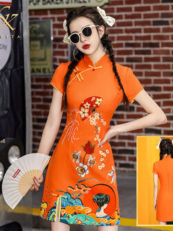 พรีออเดอร์ : ชุดกี่เพ้า ชุดตรุษจีน ชุดจีน เดรสสั้นรุ่นพิมพ์ลาย สีส้ม