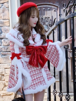 พรีออเดอร์ : เสื้อคลุมแฟชั่นสไตล์ญี่ปุ่น โค้ทคริสต์มาสน่ารักๆ โบว์สามารถถอดออกได้