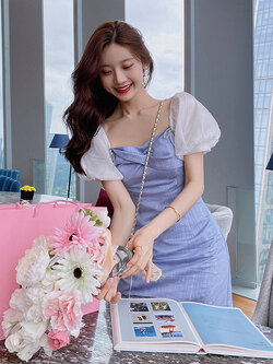 Palglg : พรีออเดอร์ เดรสแฟชั่นสไตล์เกาหลีสีม่วงหวานๆ ประดับโบว์คริสตัลสีเงิน งานแบรนด์