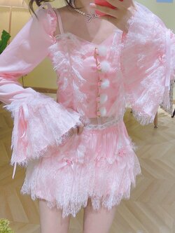 Summer Joy : พรีออเดอร์ เสื้อแขนยาวแฟชั่นแต่งลูกไม้ และ กางเกงลูกไม้สีชมพูหวานขอบเอวยางยืด น่ารักๆ (ราคาแยกชิ้น)