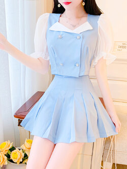 พรีออเดอร์ : ชุดเซ็ทแฟชั่นนำเข้า 2ชิ้น เสื้อกั๊กตัดต่อแขนตุ๊กตา + กระโปรงจีบเข้าชุด มีให้เลือก 2สี