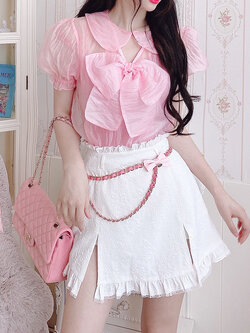 Summer Joy : พรีออเดอร์ เสื้อชีฟองแฟชั่นสีชมพูหวานน่ารักๆ ประดับโบว์ แบรนด์แท้