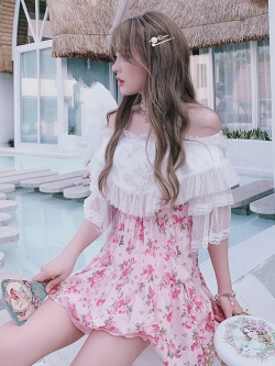 Summer Joy : พรีออเดอร์เดรสแฟชั่นสไตล์หวานลายดอกไม้ ช่วงแขนระบายลูกไม้ตามแบบ