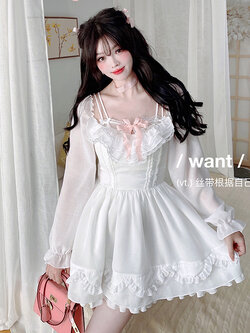 Summer Joy : พรีออเดอร์ เดรสแขนยาวแฟชั่นสไตล์โลลิต้า คอวีเปิดกว้าง มีให้เลือก 2สี (สินค้าไม่รวมเสื้อสายเดี่ยวด้านในที่นางแบบใส่ซ้อนค่ะ)