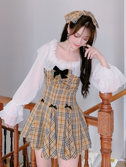 Summer Joy : เดรสสายเดี่ยวแฟชั่นสไตล์ญี่ปุ่นลายสก็อต ด้านหลังสม็อคเข้ารูป งานแบรนด์