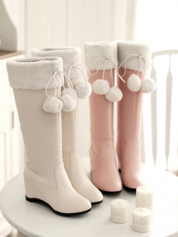 พรีออเดอร์ : รองเท้าบูทแฟชั่นสไตล์ญี่ปุ่น แต่งปอมๆ ซับในผ้าขนนุ่มกันหนาว หนัง PU