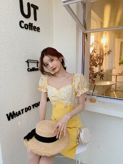 Palglg : พรีออเดอร์เดรสแฟชั่นสไตล์เกาหลี ตัดต่อผ้าลูกไม้ตามแบบ แขนตุ๊กตา งานแบรนด์