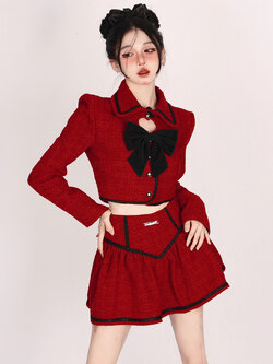 Shaoyeyan : พรีออเดอร์ ชุดเซ็ตแฟชั่น (ราคาแยกชิ้น) เสื้อเบลเซอร์ฉลุลายหัวใจครอปสั้น / กระโปรงสั้นเข้าชุด แบรนด์แท้