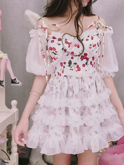 พรีออเดอร์ : เดรสชีฟองแฟชั่นสไตล์หวานน่ารักๆ ลายเชอร์รี่แบบสายผูกไหล่