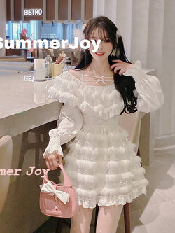 Summer Joy : พรีออเดอร์ เดรสสีขาวกระโปรงเค้ก แขนยาว คอกว้าง ประดับเลื่อม (สินค้าไม่รวมโบว์ชมพูค่ะ) แบรนด์แท้