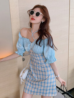 Palglg : พรีออเดอร์ เดรสแฟชั่นสไตล์เกาหลีสีฟ้าแต่งผ้าลายสก็อตช่วงล่าง งานแบรนด์