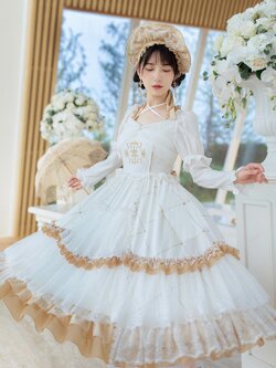 With Puji : พรีออเดอร์ เดรสโลลิต้ายาวสีขาวตัดเบจแบบสวยหวาน ช่วงแขนพิเศษสามารถใส่เป็นแขนสั้น หรือ แขนยาวได้ ช่วงเสื้อสม็อคด้านหลังเข้ารูป + หมวกโลลิต้าตามแบบ แบรนด์แท้