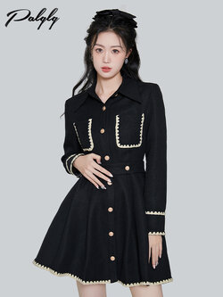 Palglg : พรีออเดอร์ เดรสฤดูหนาวแฟชั่นสไตล์เกาหลีแขนยาว ติดกระดุมสีทอง แบรนด์แท้