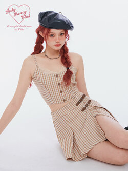 Girly Fancy Club : พรีออเดอร์ ชุดเซตแฟชั่น (ราคาแยกชิ้น) เสื้อสายเดี่ยวลายสก็อต / กระโปรงแฟชั่นเข้าชุด แบรนด์แท้