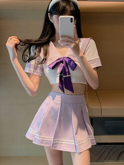 พรีออเดอร์ : ชุดแฟชั่น JK สไตล์นักเรียนญี่ปุ่น เสื้อครอปสั้นปกกะลาสี และ กระโปรงมินิจีบรอบ (ราคาแยกชิ้น)