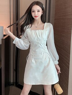 พรีออเดอร์ : เดรสแฟชั่นสไตล์เกาหลี แต่งสายผูกน่ารักๆ ด้านหน้า มีให้เลือก 2สี